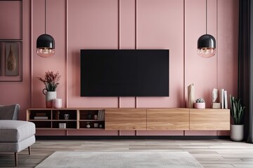 Modern pink living room with smart TV hanging on cabinet with blank, black screen. Generative AI