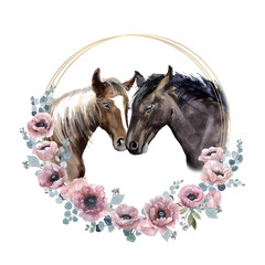 Watercolor horse with love and flowers, download, watercolor design, digital prints, watercolor clipart, floral horse design, sublimation graphics, watercolor illustration, boho style head © Татьяна Комцян
