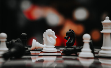 chess knight figure in competition success play. strategy, management, or leadership concept....