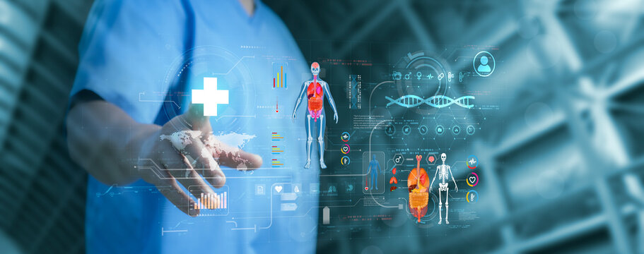 Doctor touch hologram of human system. Medical future technology and innovative concept. The concept support the health of the internal organs of the body.Modern medicine,healthcare,medical insurance