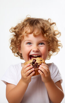 A little blond child full of joy is about to bit a tasty and sweet muffin - isolated on white background