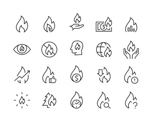 fire flame icon set line set, editable stroke isolated on white, icon linear vector outline illustration, symbol logo design style