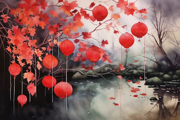 chinese lantern water color. generative ai