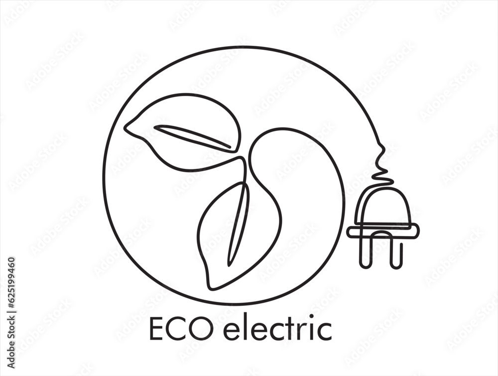 Poster continuous one line drawing of eco plug with leaf. save energy icon.energy saving symbol. vector
