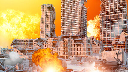 Military raid land and air attack. Forces in the field, fighting in the streets of the cities. Buildings destroyed. Sensitive targets. Missile explosions. 3d rendering