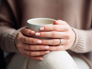 woman's hands holding a cup of coffee or hot tea. concept of comfort, well-being, health.