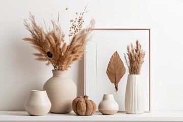 Modern ceramic vases with dried flowers in a mockup on a white backdrop. neutral hue. Photo frame and poster template against a white wall. Scandinavian style decor. Copy space. Generative AI