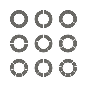 Piechart with grey segments. Circle section template. Pie diagram divided into gray pieces. Circular chart. Round structure graph. Set schemes with sectors. Vector illustration
