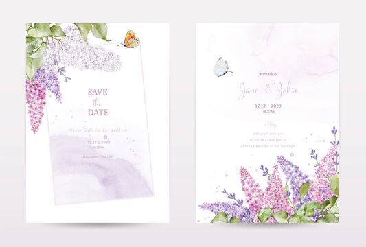 Set of invitation cards with lilac and butterfly on stains watercolor