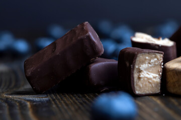 Cocoa and sugar chocolates, close up