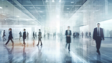 Obraz na płótnie Canvas Blurred business people in white glass office background