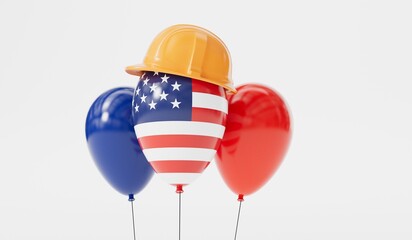 Celebration USA flag party balloon wearing a hard hat. labor day background. 3D Rendering © ink drop