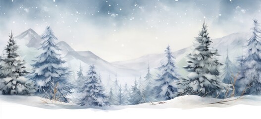 Obraz premium Green Christmas trees in snowy forest. Watercolor winter landscape. Concept of festive holiday celebration.