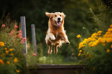 Happy dog ​​jumping in the garden. Generative AI.