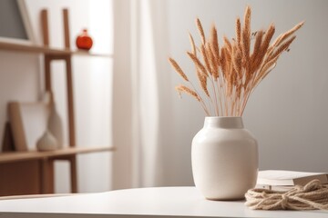 Modern interior design with a white table top or shelf, a clay vase with straws, dried plants, an ornament, ears, grass, a still life with a sheaf and a branch in a vase, and a house plant. Generative