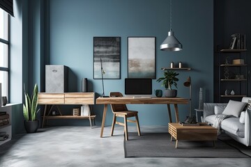Modern interior design features a blue wall, a wooden desk, and a grey sofa. Generative AI