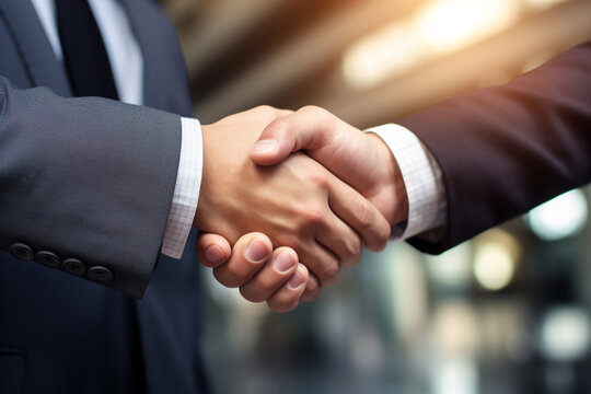 Businessman standing and shaking hands. Business communication concept. Handshake and marketing. generative ai.