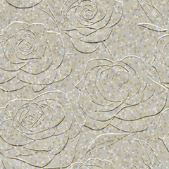 Emboss textured 3d lines roses seamless pattern. Floral embossed vector background with golden glitters, polka dots. Surface line art blossom roses flowers ornaments. Relief repeat grunge backdrop