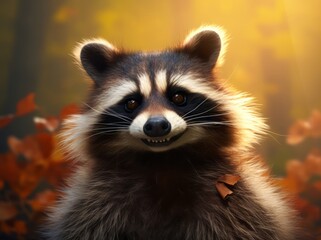 Funny Raccoon Portrait, A Beautiful and Cute Young Mammal in its Natural Habitat, Generative AI