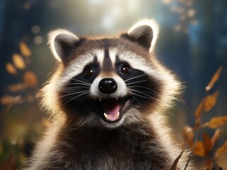 Obraz premium Funny Raccoon Portrait, A Beautiful and Cute Young Mammal in its Natural Habitat, Generative AI