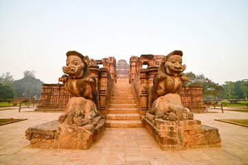 Hand chiseled sculptures of a couple of  Leogryphs guarding the entrance to Sun temple, Konark, India.