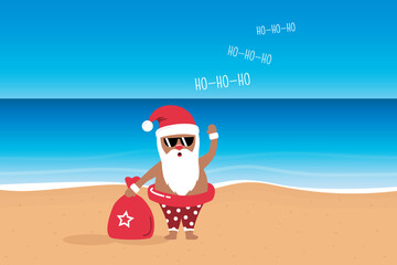 cute santa with sunglasses on paradise beach summer christmas holiday vector illustration EPS10