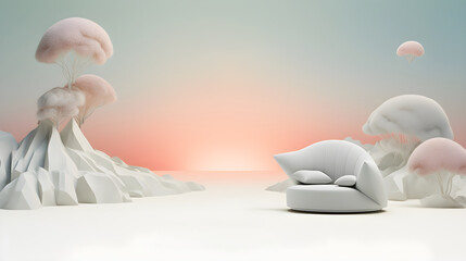 Conceptual Web Page with a white bed, white pillow and a pink and blue sky in the background . Generative AI