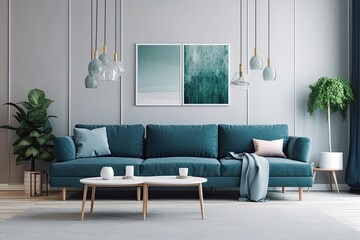 Modern living room arrangement with blue couch and good balance for comfort and healthy living. Generative AI