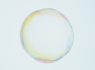 Floating water bubble on light background. Water drop dispersion. Rainbow refraction. 3d rendering