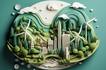 Eco Friendly City Concept in a Beautiful Paper Cut Style Design. Green Living and Urban Sustainability on Earth. Green Energy. Made With Generative AI. 