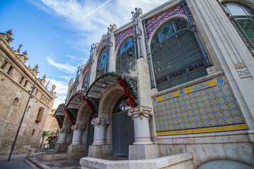 Mercat central (central market) of Valencia, Spain, with christmas decoration