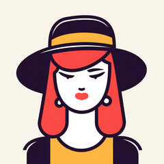 Bold Line Quirky Woman Avatar with hat on white background
