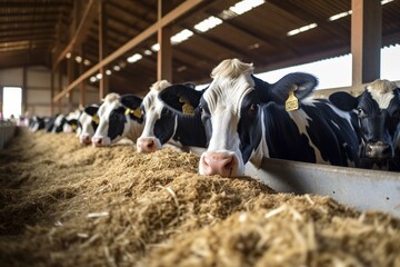 Cows Grazing on Fodder in Neat Stable Row - Generative ai