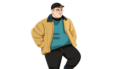 Naklejka premium Cartoony Flat Plus Size Gen Z Guy in Specs Wearing Yellow Coat