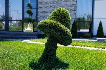 A statue of a mushroom made of lawn grass. Landscape design