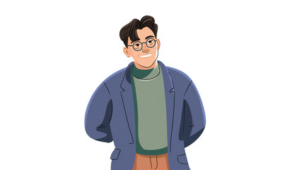 Fototapeta premium Cartoony Flat Plus Size Gen Z Guy in Specs Wearing Yellow Coat