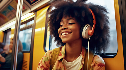 Generative AI illustration of happy African American woman listening to music in headphones in subway train