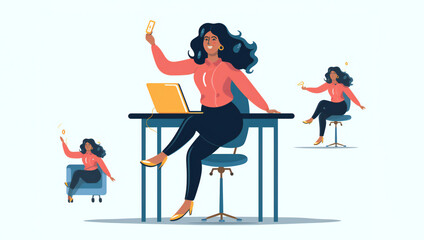 Cartoony happy Plus Size Playful Female Entrepreneur working on the laptop