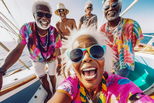 Generative AI illustration of group of excited senior African American friends in colorful clothes taking selfie on yacht