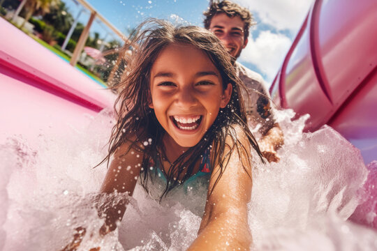 Generative AI image of portrait of smiling child looking at camera while playing in water slide with father behind against blue cloudy sky in daylight