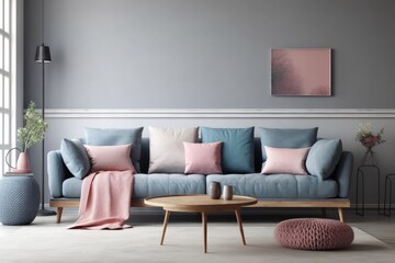 Modern living area with contemporary minimalist decor. Cropped, panoramic, mockup, flat lay of a gray sofa with blue and pink pillows at home against a gray background. Generative AI