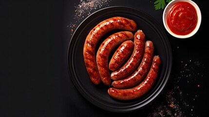 Boiled sausage with ketchup on a black plate  - obrazy, fototapety, plakaty