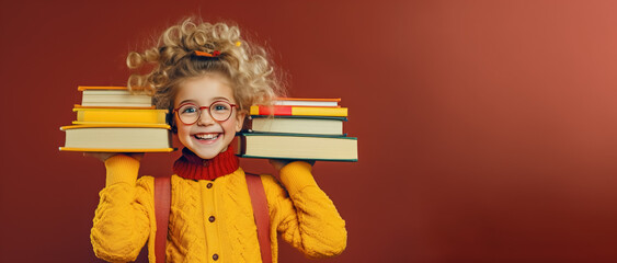 funny smiling child school girl with glasses hold books. Yellow background, Back to school. digital ai