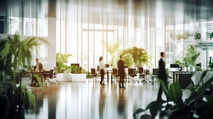 Concept of a green office space, captured with a blurred effect to highlight the serene and peaceful environment cultivated by integrating nature into workspace design. Generative AI - obrazy, fototapety, plakaty