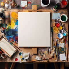 Naklejka na ściany i meble Artist's workspace with blank canvas and art supplies