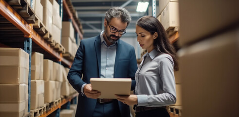 Female inventory manager shows digital tablet info
