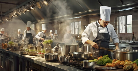 Famous chef works in a big restaurant kitchen with dedication