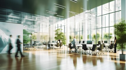 Concept of a green office space, captured with a blurred effect to highlight the serene and peaceful environment cultivated by integrating nature into workspace design. Generative AI
