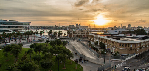Port (marina) area of Valencia, Spain, panoramic view, sunset