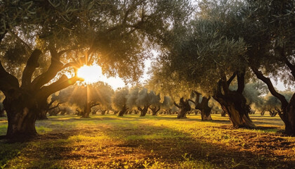 Olive grove bathed in golden sunlight, olive oil production